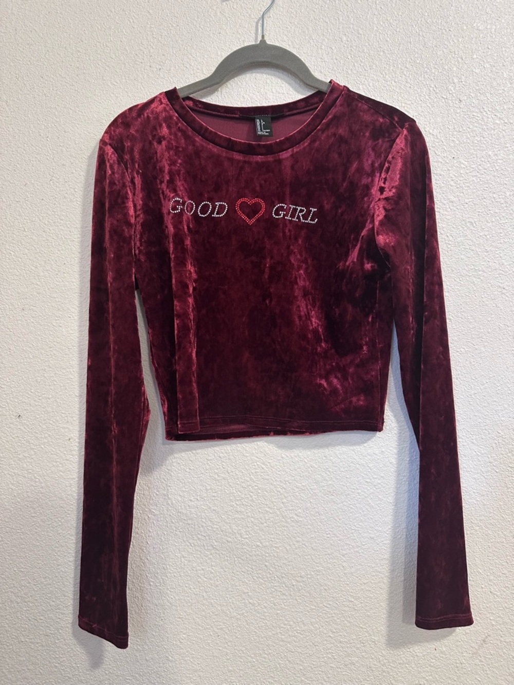 Forever 21 Burgundy Velvet Long Sleeve Crop Top with Rhinestone Heart